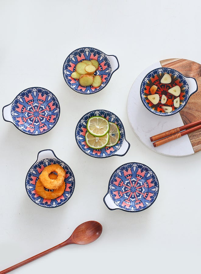 6-Piece Hand-Painted Bowl With Handle Dark Blue/White 11.2x9.5x4cm