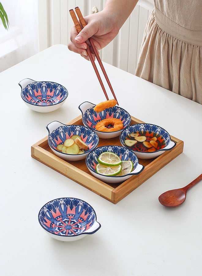 6-Piece Hand-Painted Bowl With Handle Dark Blue/White 11.2x9.5x4cm