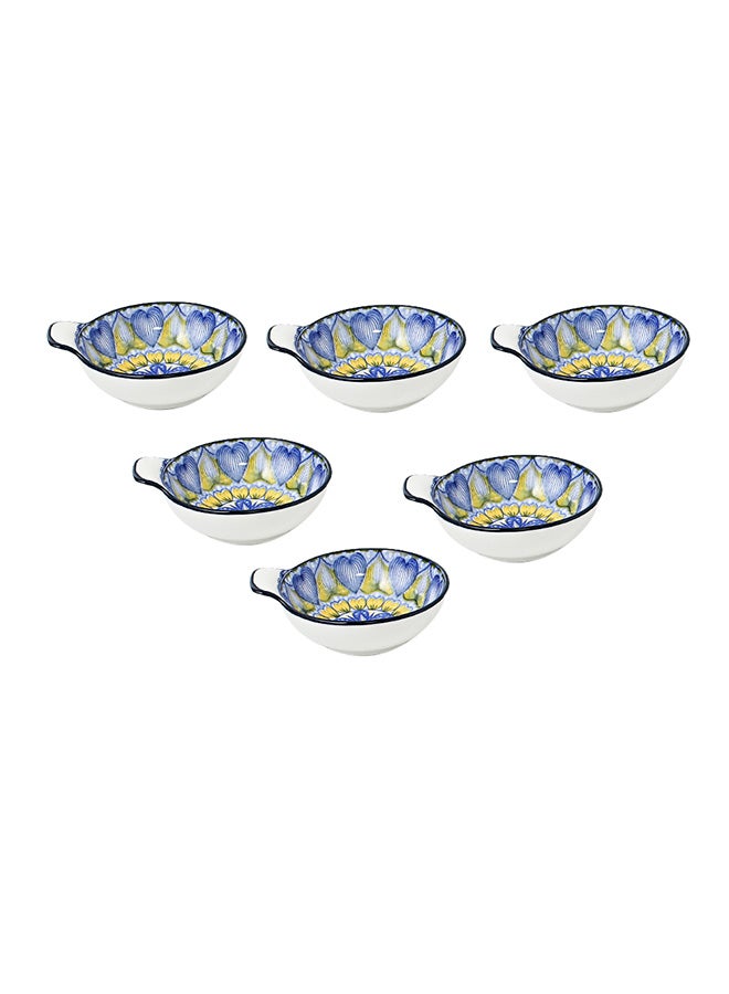 6-Piece Hand-Painted Bowl With Handle Blue/White 11.2x9.5x4cm