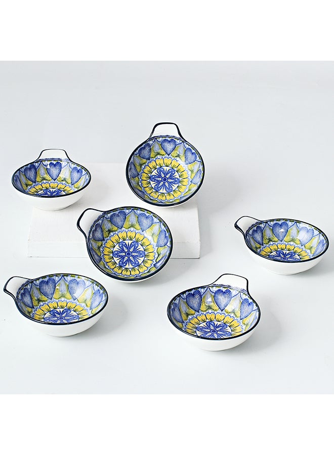 6-Piece Hand-Painted Bowl With Handle Blue/White 11.2x9.5x4cm