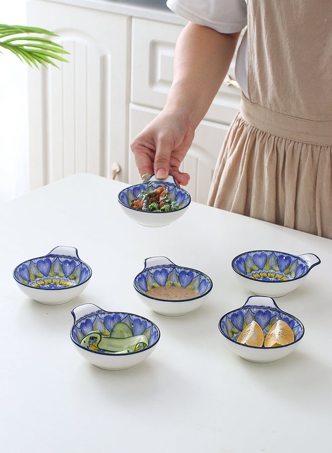 6-Piece Hand-Painted Bowl With Handle Blue/White 11.2x9.5x4cm