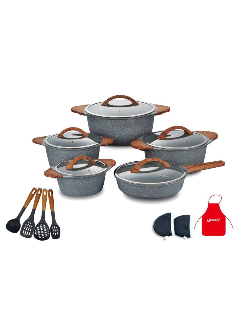 17-Piece Non Stick Granite Cookware Set 20/24/28/32Cm Casserole, 28Cm Shallow Casserole- Pfoa Free 2030 - grey