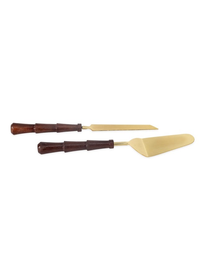 Carson Cake Lifter And Knife, Matte Gold & Wood - Set Of 2