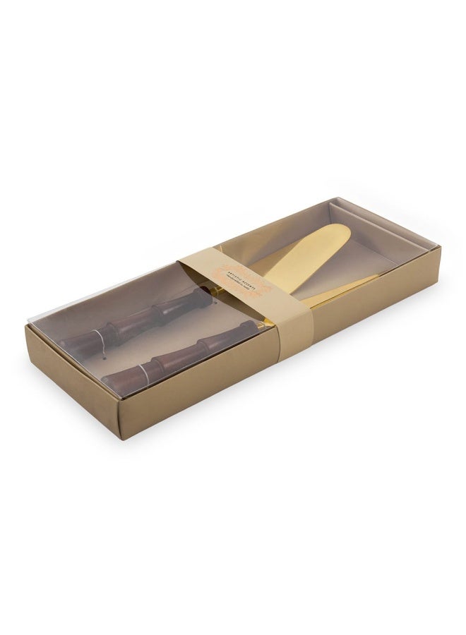 Carson Cake Lifter And Knife, Matte Gold & Wood - Set Of 2