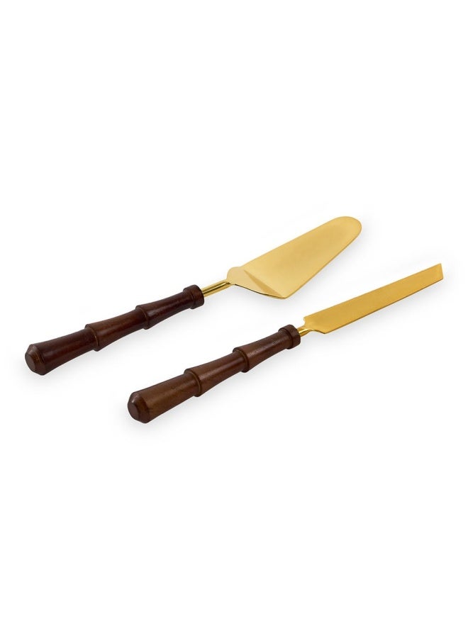 Carson Cake Lifter And Knife, Matte Gold & Wood - Set Of 2