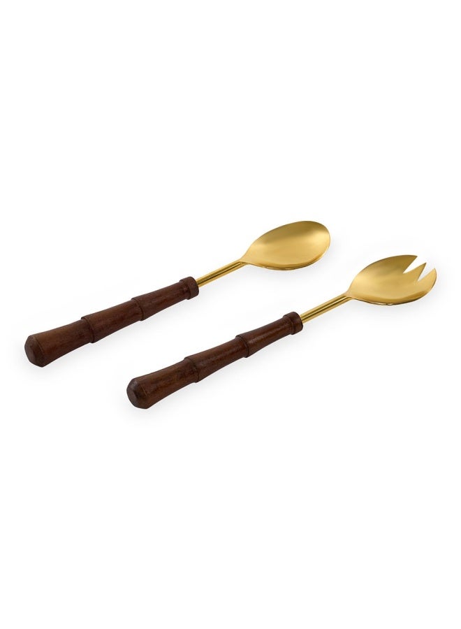 Carson Salad Server, Matte Gold & Wood - Set Of 2