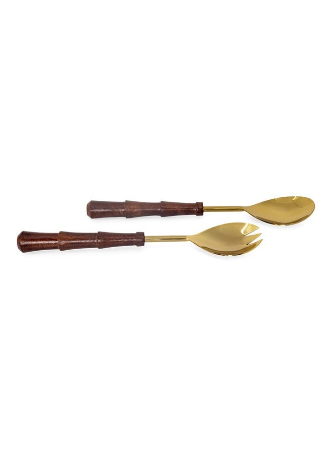 Carson Salad Server, Matte Gold & Wood - Set Of 2