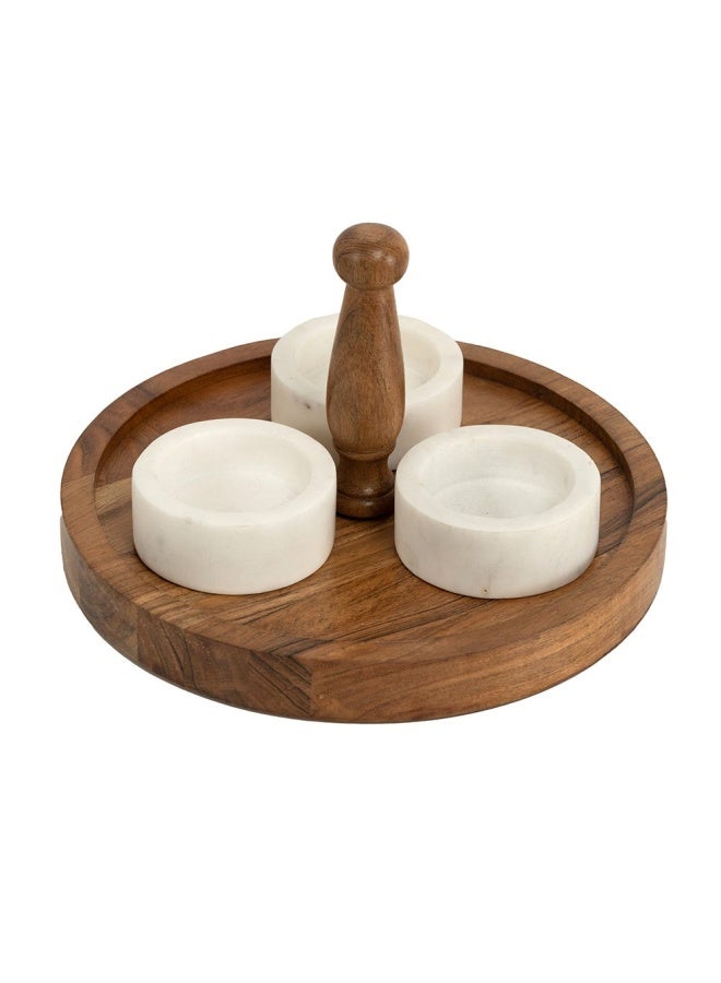 Royal 3-Bowl Condiment Serving Set, White & Brown - 23X23 Cm