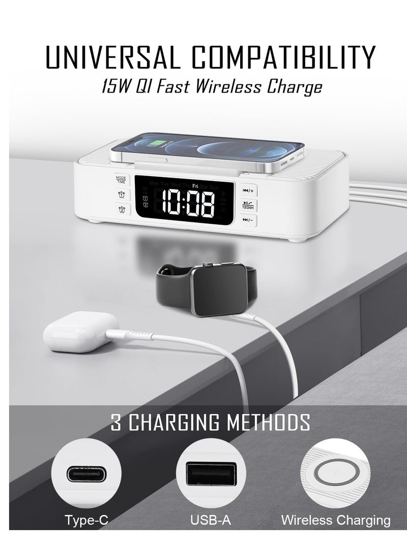 Bluetooth Speaker Alarm Clock with Wireless Charger, Digital Alarm Clock Wireless Charger, Bedside LCD Alarm Clock, Bluetooth Speaker RGB Night Light Cell Phone Stands, For Bedroom, Home