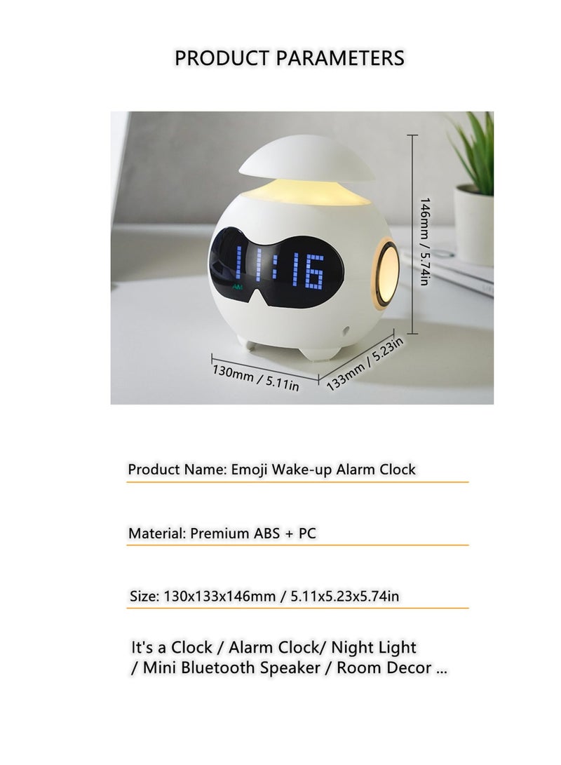 Alarm Clock for Kids, USB Powered Wake Up Alarm Clock with Emoji, Dual Alarm Setting, Bluetooth Alarm Clock with Adjustable Night Light for Bedroom, Reading, Office, White