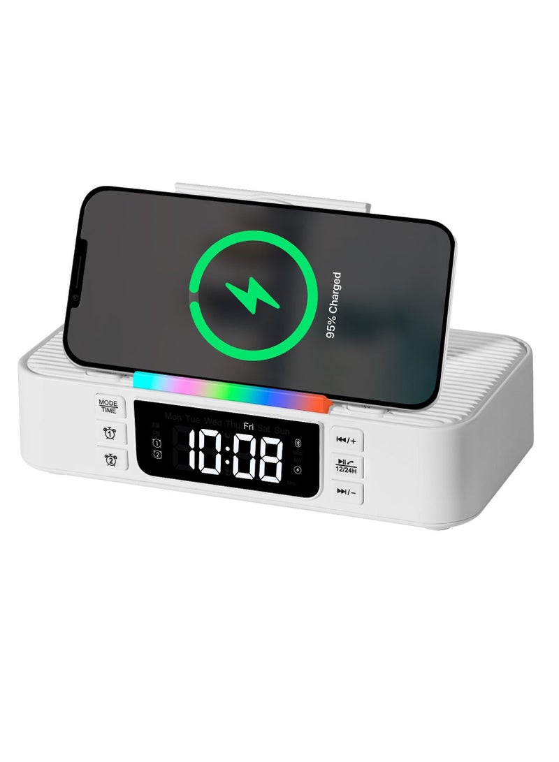 Bluetooth Speaker Alarm Clock with Wireless Charger, Digital Alarm Clock Wireless Charger, Bedside LCD Alarm Clock, Bluetooth Speaker RGB Night Light Cell Phone Stands, For Bedroom, Home