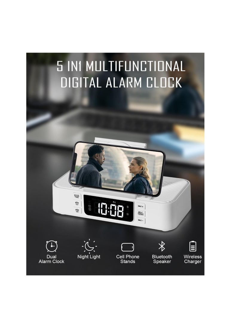 Bluetooth Speaker Alarm Clock with Wireless Charger, Digital Alarm Clock Wireless Charger, Bedside LCD Alarm Clock, Bluetooth Speaker RGB Night Light Cell Phone Stands, For Bedroom, Home