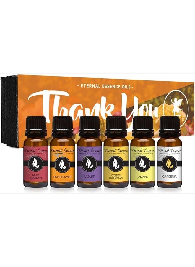 Thank You Fragrance Oil Gift Set - 6 Long Lasting Scents in 10mL Amber Glass Bottles - Oils for Diffusers, Soap & Candle Making, Aromatherapy - Includes Sunflower, Jasmine, & More