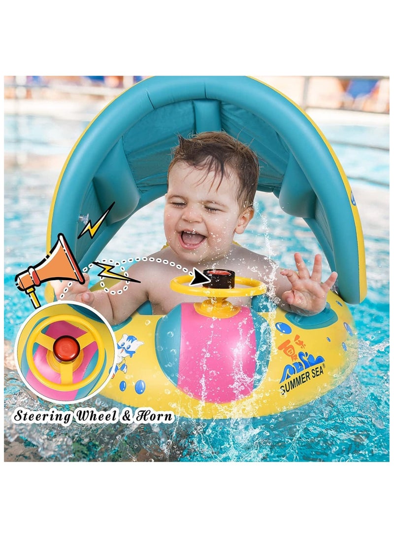 Baby Pool Float with Canopy Baby Swim Float Inflatable Swimming Ring with Adjustable Sun Protection Canopy Toddler Floaties with Seat and Handle Water Toys for Age 6-36 Months