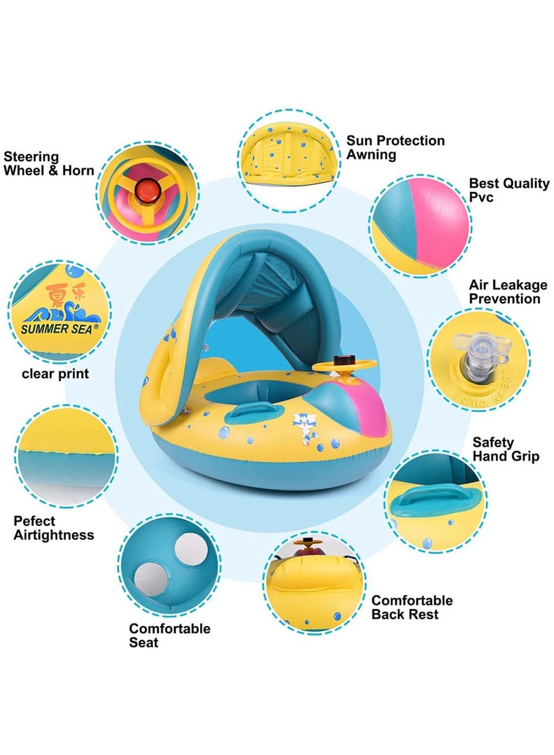 Baby Pool Float with Canopy Baby Swim Float Inflatable Swimming Ring with Adjustable Sun Protection Canopy Toddler Floaties with Seat and Handle Water Toys for Age 6-36 Months