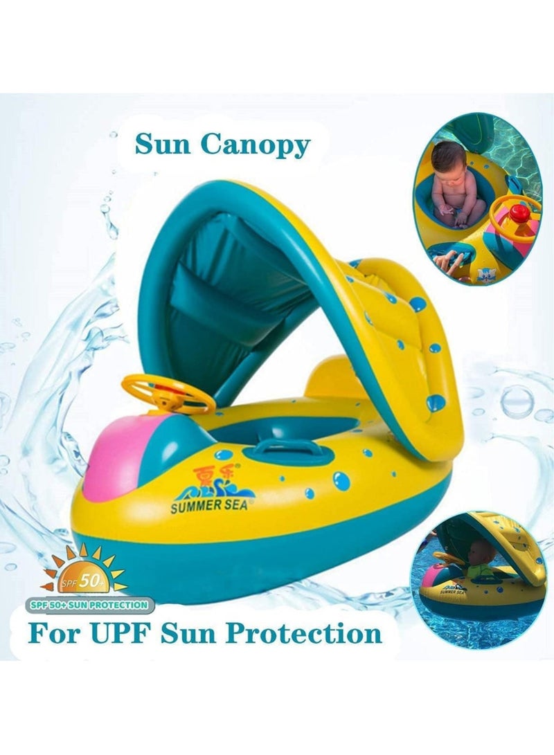Baby Pool Float with Canopy Baby Swim Float Inflatable Swimming Ring with Adjustable Sun Protection Canopy Toddler Floaties with Seat and Handle Water Toys for Age 6-36 Months