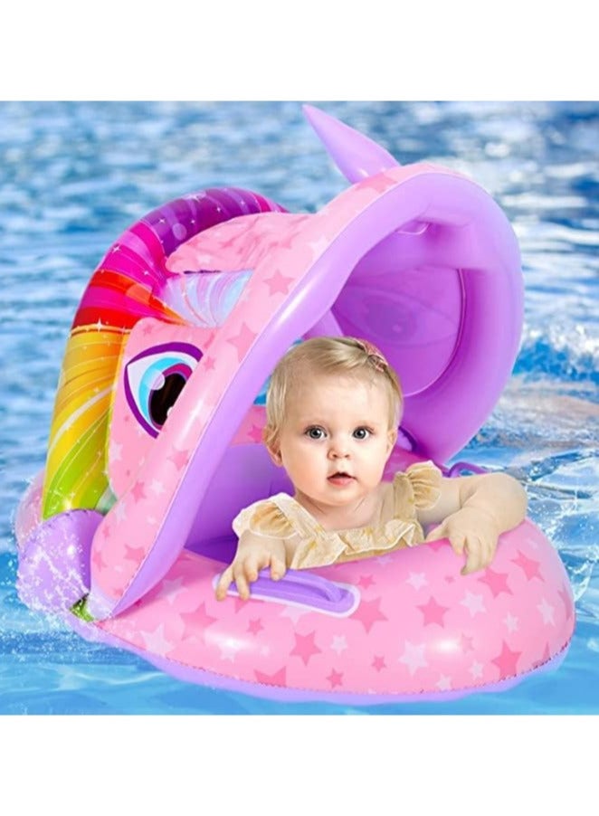 Baby Pool Float with Canopy Baby Swim Float Inflatable Swimming Ring with Adjustable Sun Protection Canopy Toddler Floaties with Seat and Handle Water Toys for Age 6-36 Months