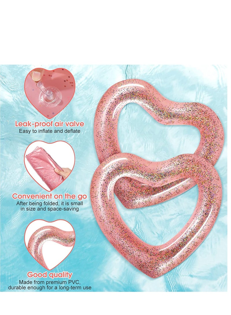 2 Pieces Inflatable Swim Rings Heart Shaped Bachelorette Pool Float Loungers Tube, Heart Shaped Summer Swimming Ring Water Fun Beach Party for Adults 47.3  39.4 Inch Glitter Style Rose Gold
