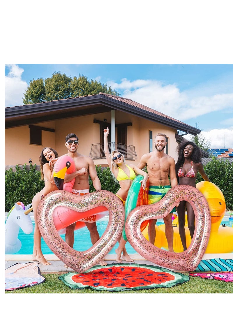 2 Pieces Inflatable Swim Rings Heart Shaped Bachelorette Pool Float Loungers Tube, Heart Shaped Summer Swimming Ring Water Fun Beach Party for Adults 47.3  39.4 Inch Glitter Style Rose Gold