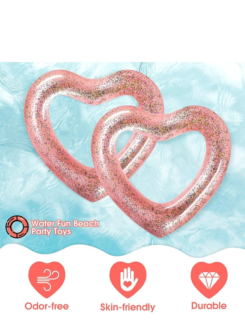 2 Pieces Inflatable Swim Rings Heart Shaped Bachelorette Pool Float Loungers Tube, Heart Shaped Summer Swimming Ring Water Fun Beach Party for Adults 47.3  39.4 Inch Glitter Style Rose Gold