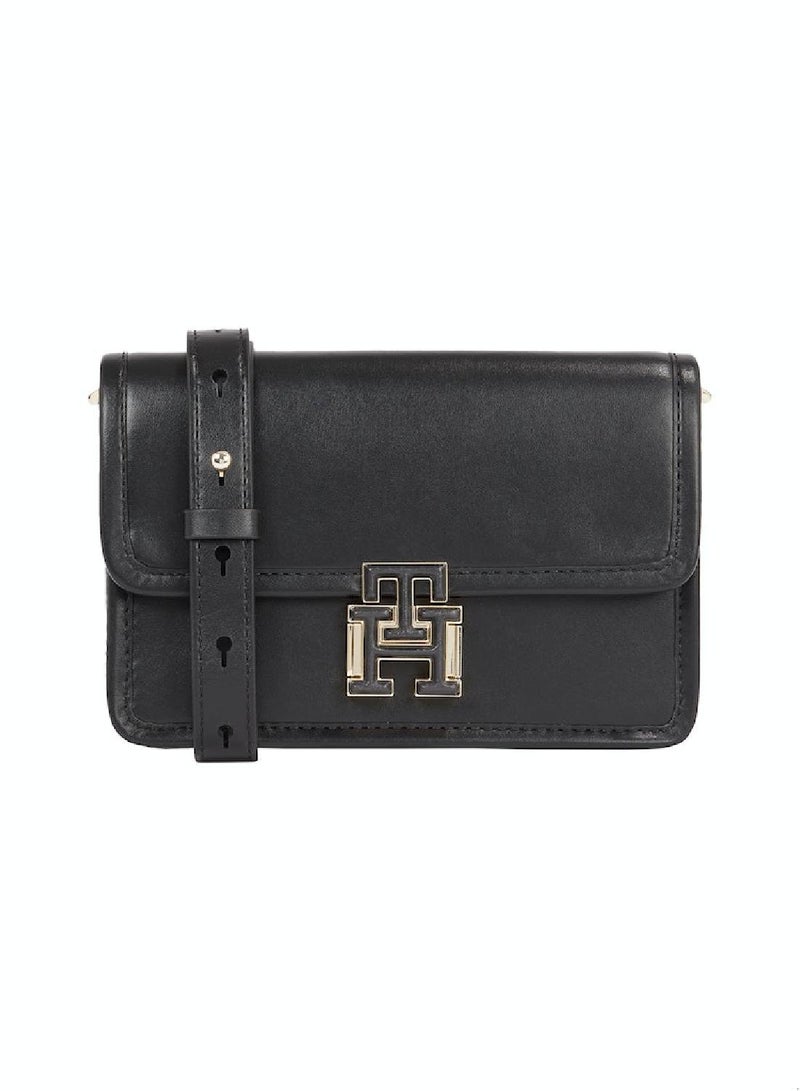 Women's Logo Leather Crossover Bag - Leather, Black