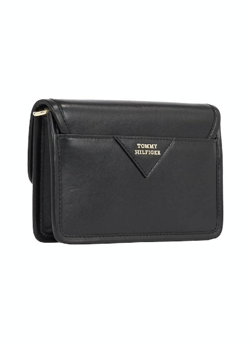 Women's Logo Leather Crossover Bag - Leather, Black