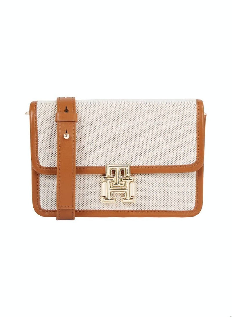 Women's Th Monogram Small Canvas Crossover Bag -  Cotton mix canvas, Grey/ Beige