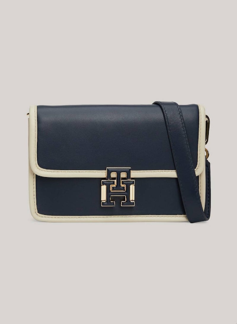 Women's Push Lock Leather Crossover Bag -  Leather, Blue/ Off White