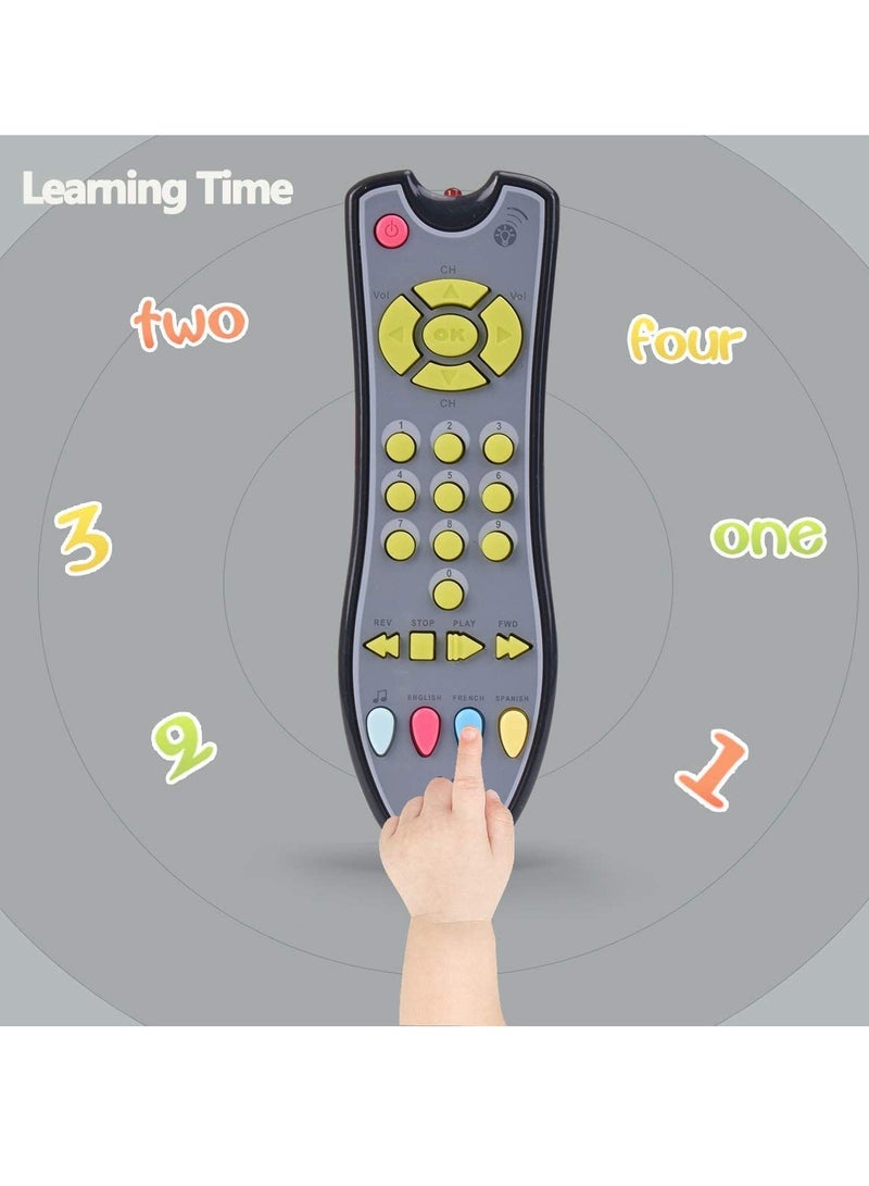 Musical TV Remote Control Toy with Light and Sounds, Language Development Toy from Number 0-9 in English, French, Spainsh