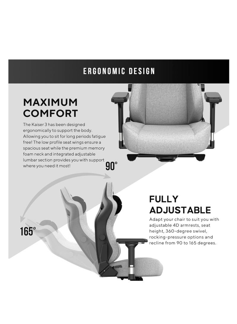 AndaSeat Kaiser 3 Series Premium Gaming Chair, Linen Fabric, XL Size , GRAY | AD12YDC-XL-01-G-PV/F