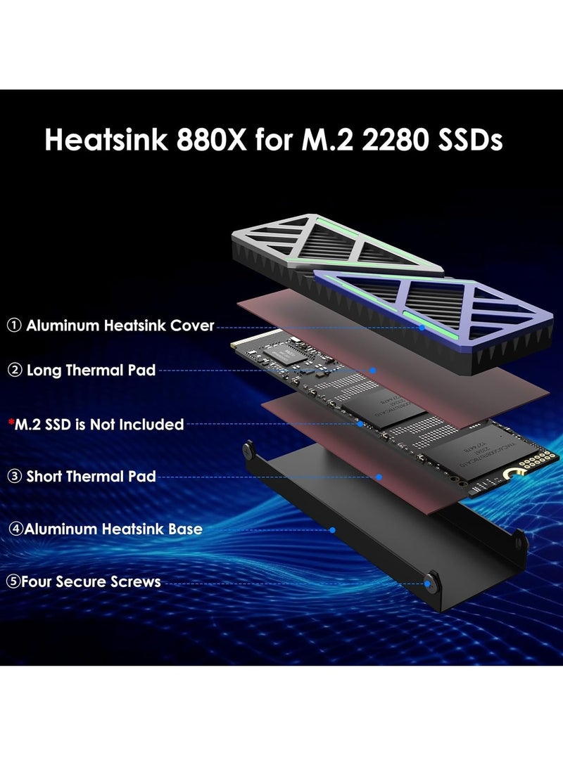 M.2 SSD Heatsink 880X, 2280 NVMe/SATA SSD Heatsink for PC/PS5/mATX/MiniATX, High-Performance SSD Cooler with Dual Thermal Silicone Pads, 3mm Adjustable Height, Aluminum Alloy, Mech-Inspired