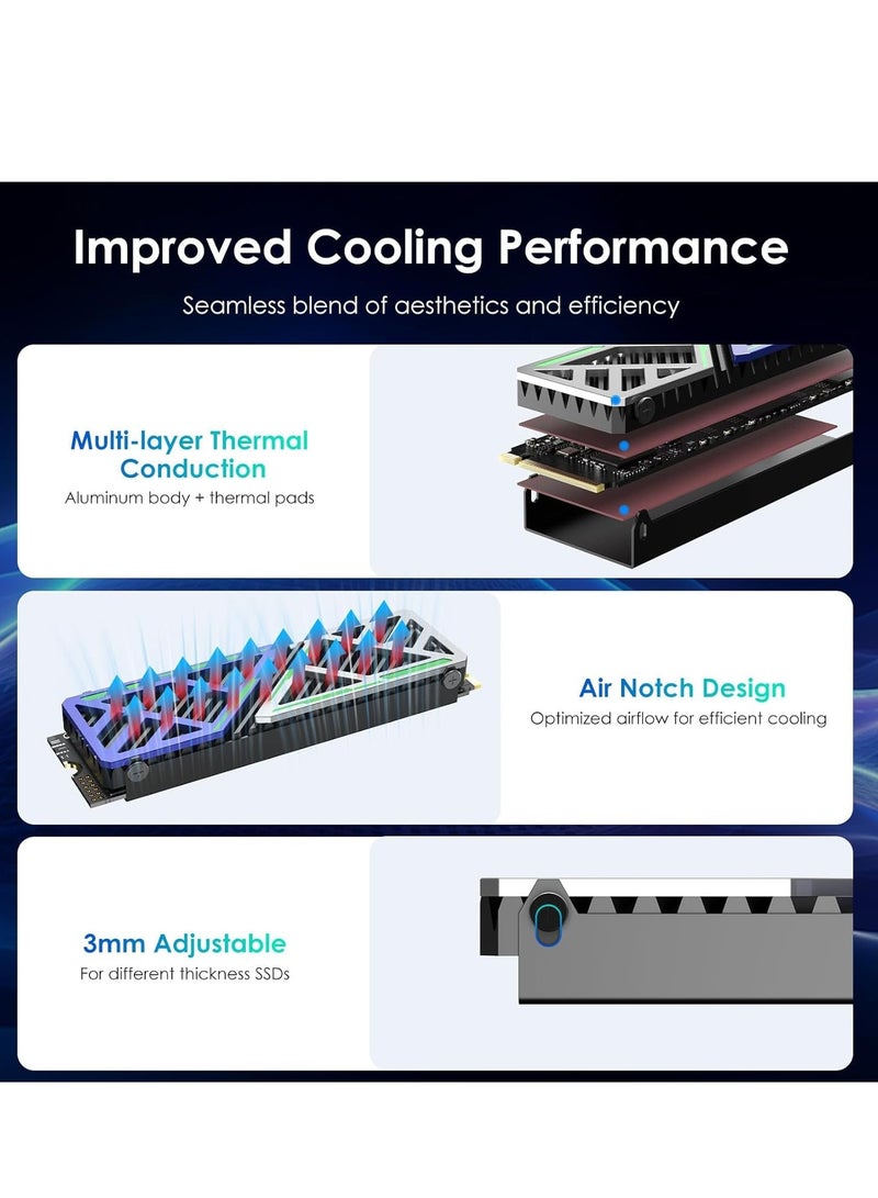 M.2 SSD Heatsink 880X, 2280 NVMe/SATA SSD Heatsink for PC/PS5/mATX/MiniATX, High-Performance SSD Cooler with Dual Thermal Silicone Pads, 3mm Adjustable Height, Aluminum Alloy, Mech-Inspired