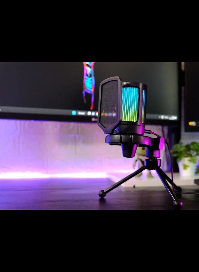 Gaming USB Microphone For PC PS5, Condenser Mic With Quick Mute, RGB Indicator, Tripod Stand, Pop Filter, Shock Mount, Gain Control For Streaming Discord Twitch Podcasts Videos-AmpliGame A6V Black