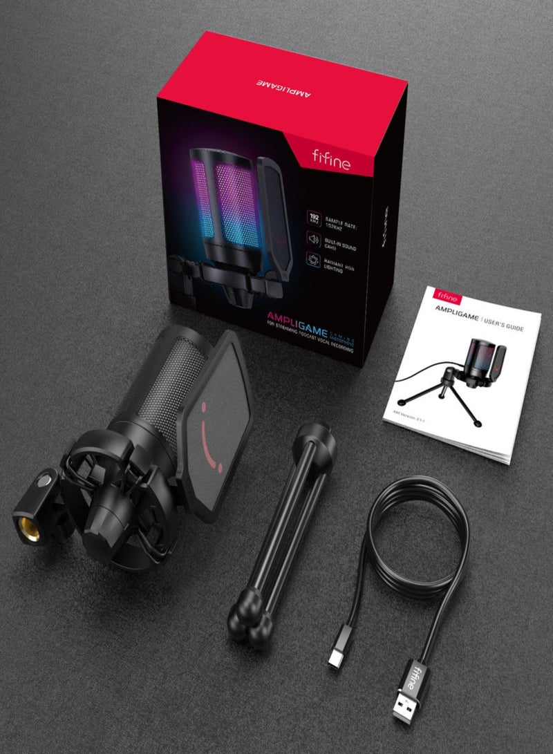 Gaming USB Microphone For PC PS5, Condenser Mic With Quick Mute, RGB Indicator, Tripod Stand, Pop Filter, Shock Mount, Gain Control For Streaming Discord Twitch Podcasts Videos-AmpliGame A6V Black