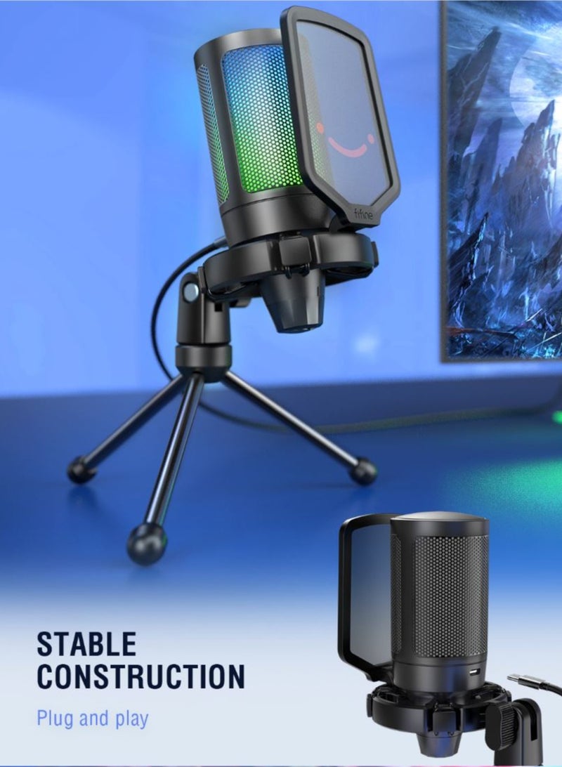 Gaming USB Microphone For PC PS5, Condenser Mic With Quick Mute, RGB Indicator, Tripod Stand, Pop Filter, Shock Mount, Gain Control For Streaming Discord Twitch Podcasts Videos-AmpliGame A6V Black