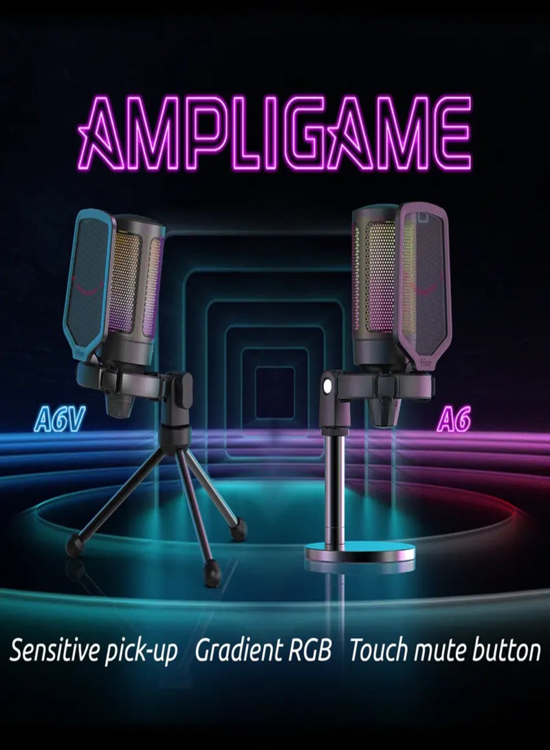 Gaming USB Microphone For PC PS5, Condenser Mic With Quick Mute, RGB Indicator, Tripod Stand, Pop Filter, Shock Mount, Gain Control For Streaming Discord Twitch Podcasts Videos-AmpliGame A6V Black