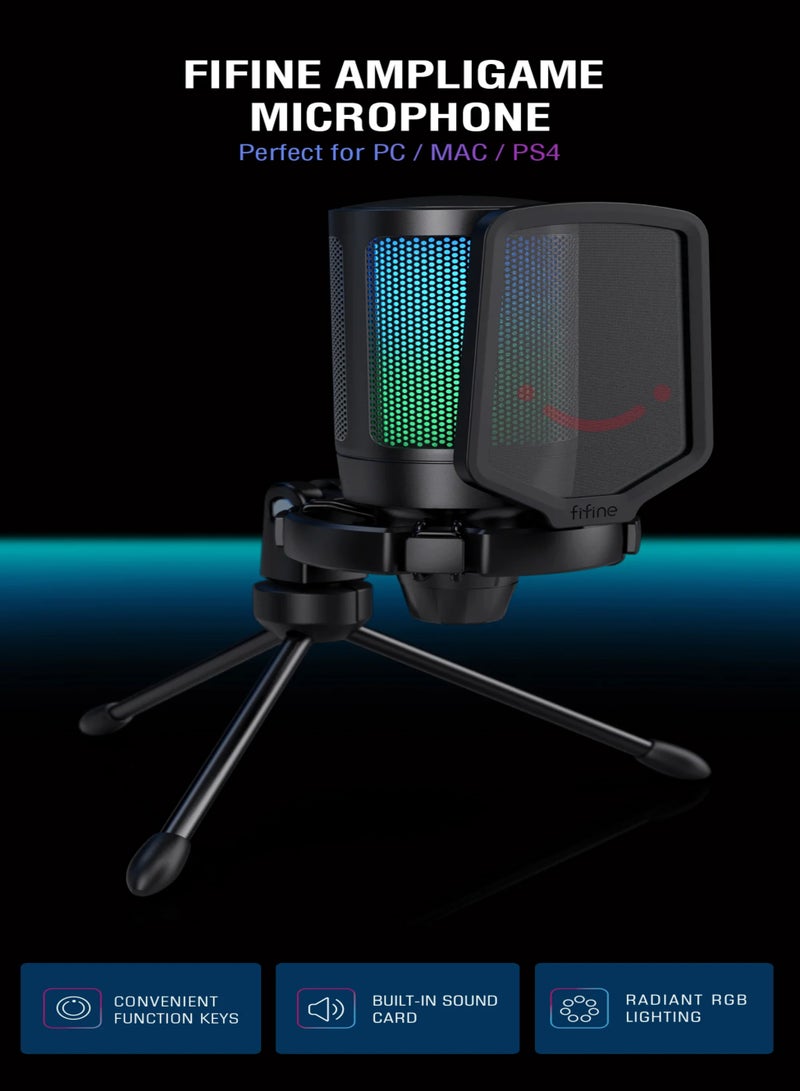 Gaming USB Microphone For PC PS5, Condenser Mic With Quick Mute, RGB Indicator, Tripod Stand, Pop Filter, Shock Mount, Gain Control For Streaming Discord Twitch Podcasts Videos-AmpliGame A6V Black