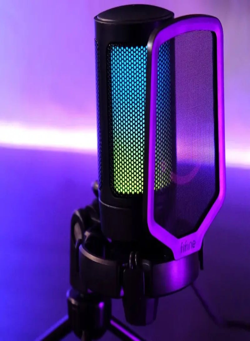 Gaming USB Microphone For PC PS5, Condenser Mic With Quick Mute, RGB Indicator, Tripod Stand, Pop Filter, Shock Mount, Gain Control For Streaming Discord Twitch Podcasts Videos-AmpliGame A6V Black