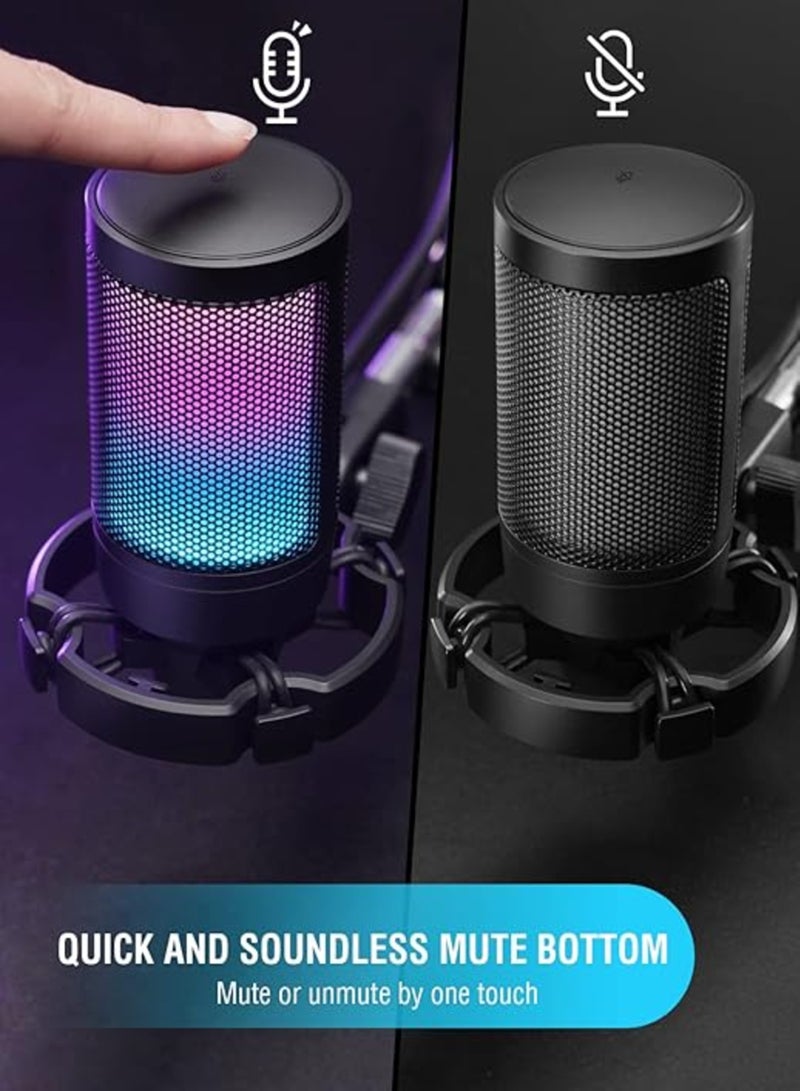 Gaming USB Microphone For PC PS5, Condenser Mic With Quick Mute, RGB Indicator, Tripod Stand, Pop Filter, Shock Mount, Gain Control For Streaming Discord Twitch Podcasts Videos-AmpliGame A6V Black