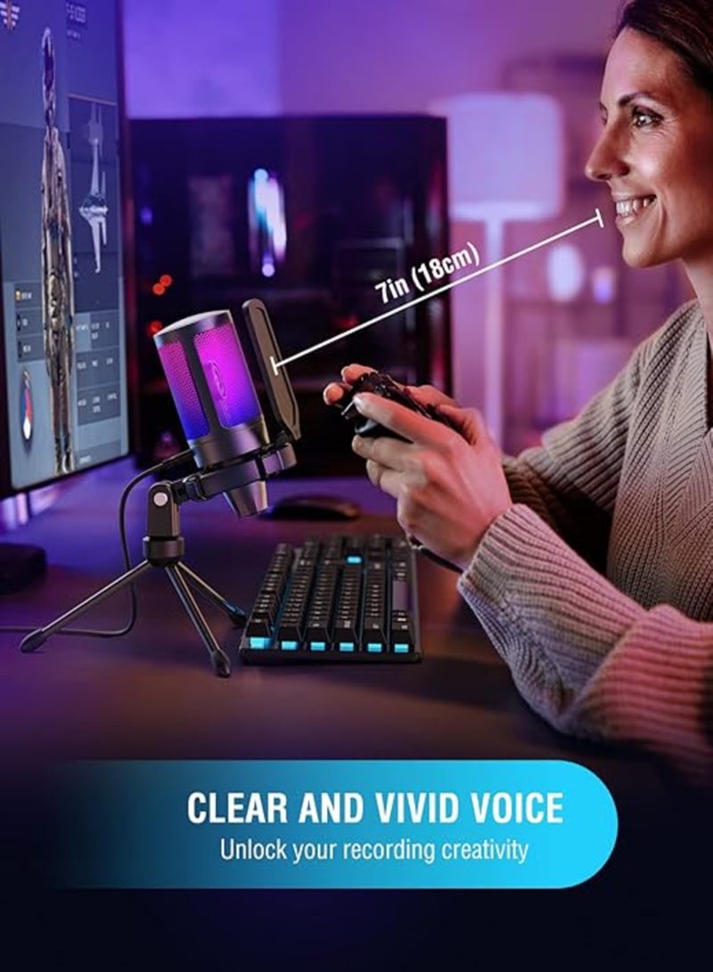 Gaming USB Microphone For PC PS5, Condenser Mic With Quick Mute, RGB Indicator, Tripod Stand, Pop Filter, Shock Mount, Gain Control For Streaming Discord Twitch Podcasts Videos-AmpliGame A6V Black