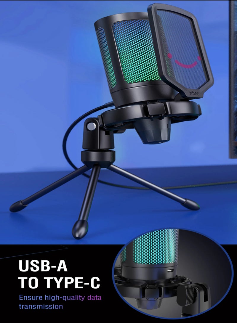 Gaming USB Microphone For PC PS5, Condenser Mic With Quick Mute, RGB Indicator, Tripod Stand, Pop Filter, Shock Mount, Gain Control For Streaming Discord Twitch Podcasts Videos-AmpliGame A6V Black