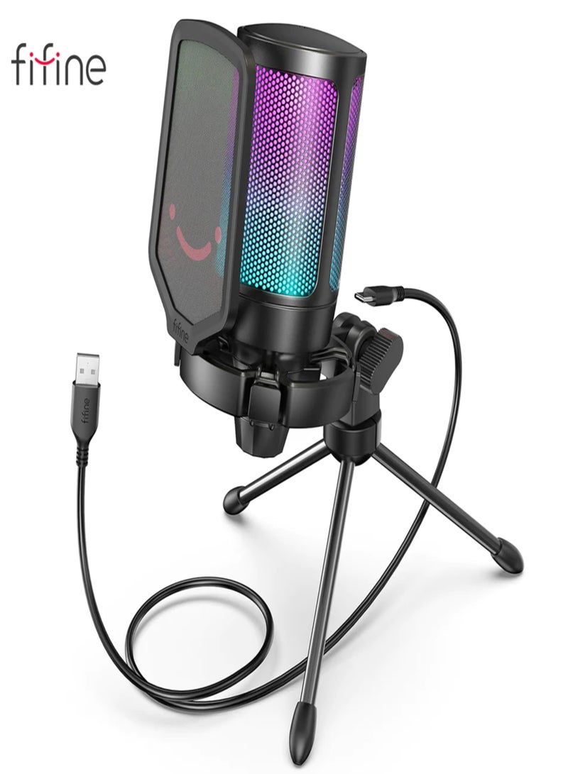 Gaming USB Microphone For PC PS5, Condenser Mic With Quick Mute, RGB Indicator, Tripod Stand, Pop Filter, Shock Mount, Gain Control For Streaming Discord Twitch Podcasts Videos-AmpliGame A6V Black