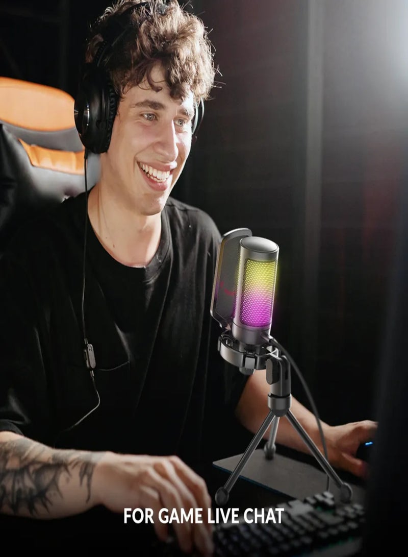 Gaming USB Microphone For PC PS5, Condenser Mic With Quick Mute, RGB Indicator, Tripod Stand, Pop Filter, Shock Mount, Gain Control For Streaming Discord Twitch Podcasts Videos-AmpliGame A6V Black