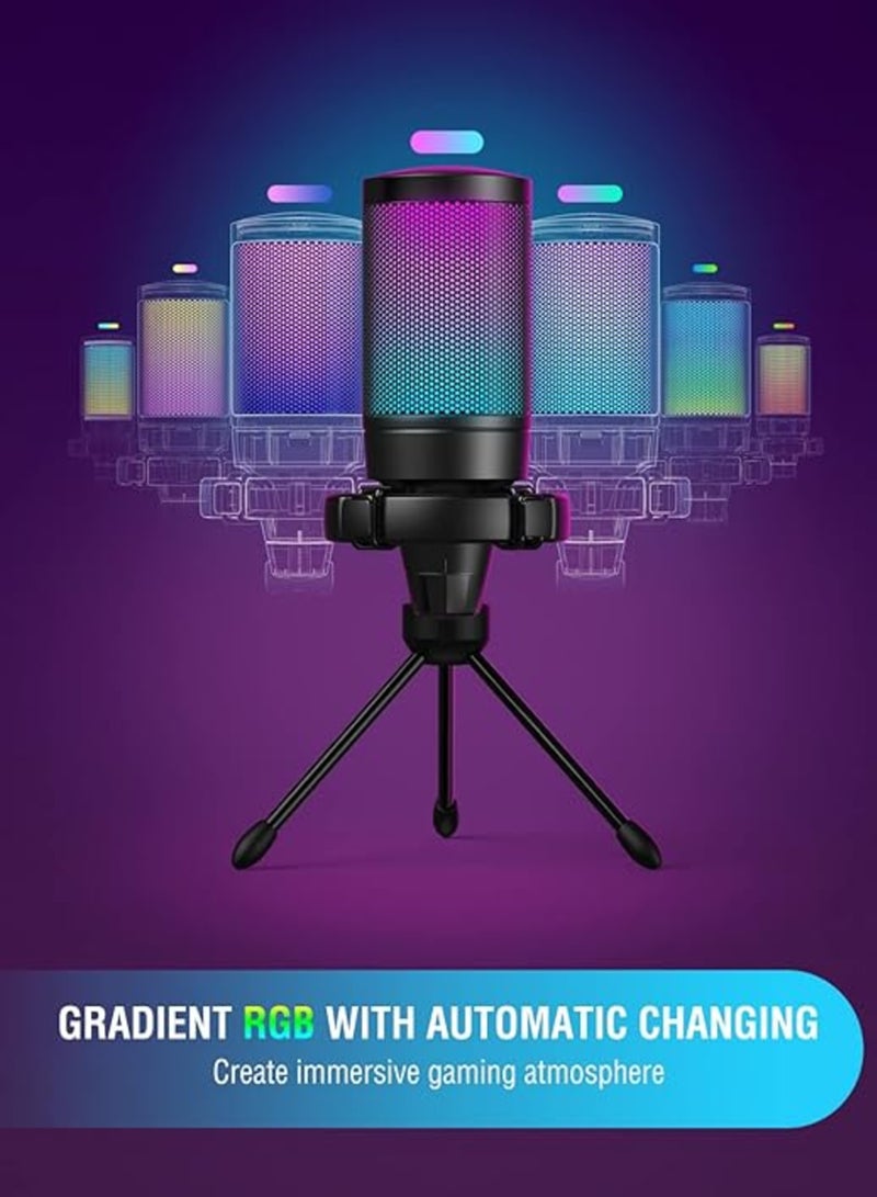 Gaming USB Microphone For PC PS5, Condenser Mic With Quick Mute, RGB Indicator, Tripod Stand, Pop Filter, Shock Mount, Gain Control For Streaming Discord Twitch Podcasts Videos-AmpliGame A6V Black