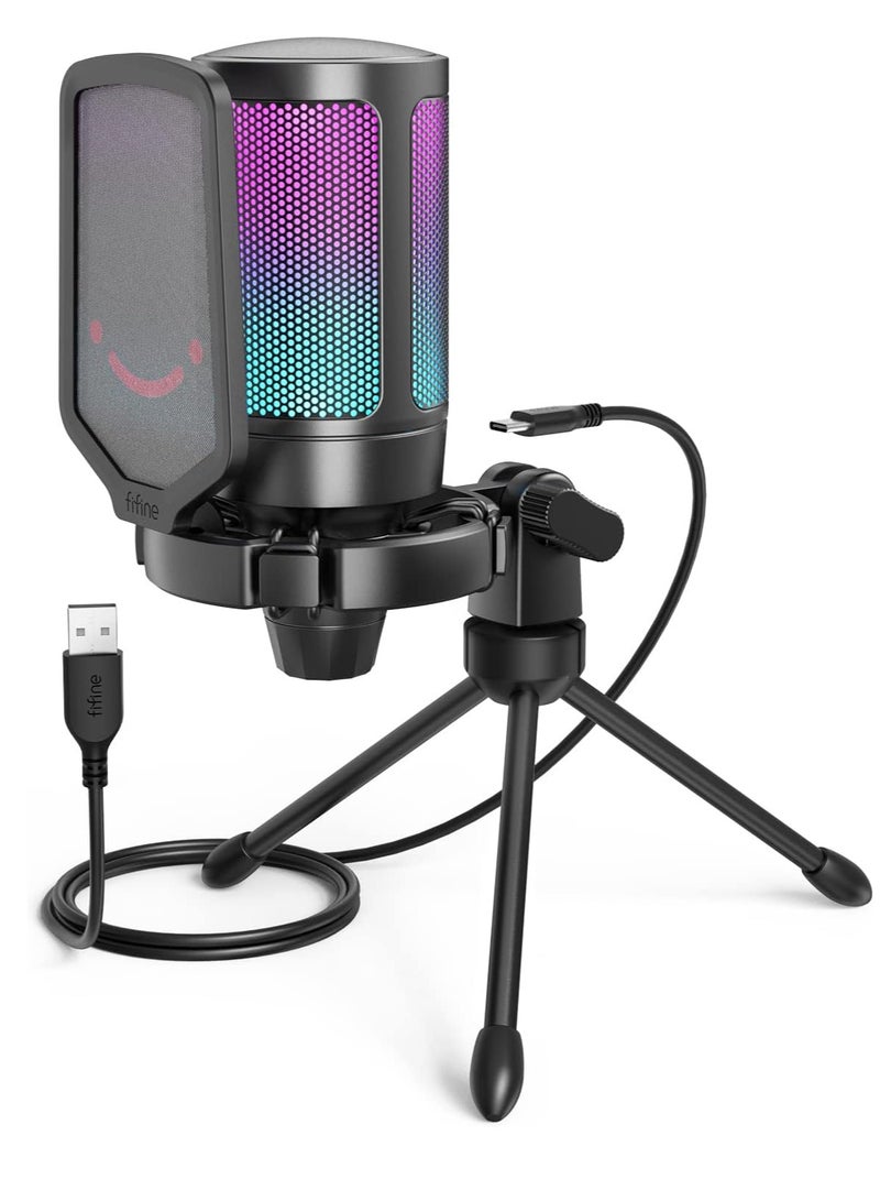 Gaming USB Microphone For PC PS5, Condenser Mic With Quick Mute, RGB Indicator, Tripod Stand, Pop Filter, Shock Mount, Gain Control For Streaming Discord Twitch Podcasts Videos-AmpliGame A6V Black