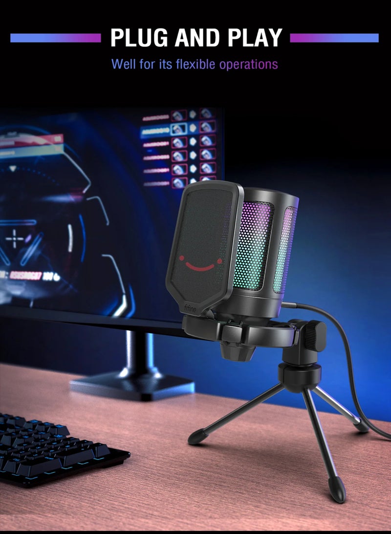 Gaming USB Microphone For PC PS5, Condenser Mic With Quick Mute, RGB Indicator, Tripod Stand, Pop Filter, Shock Mount, Gain Control For Streaming Discord Twitch Podcasts Videos-AmpliGame A6V Black
