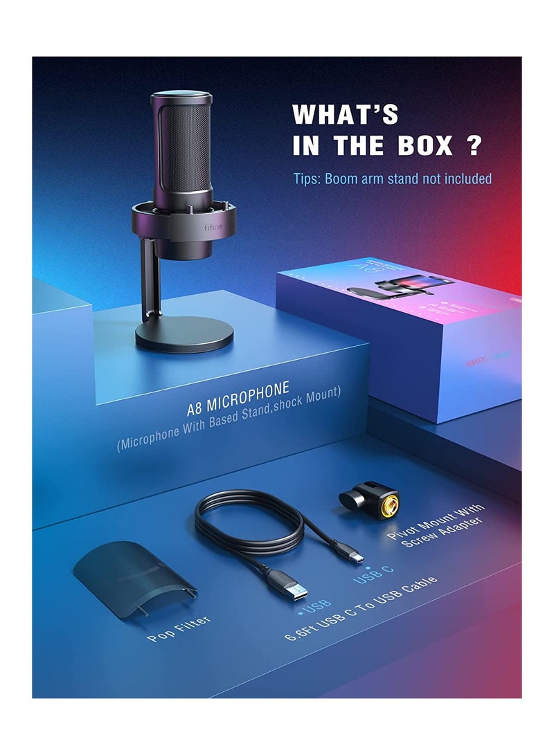 Gaming Microphone, USB PC Mic For Streaming, Podcasts, Recording, Condenser Computer Desktop Mic On Mac/PS4/PS5, With RGB Control, Mute Touch, Headphone Jack, Pop Filter, Stand- AmpliGame A8 Black