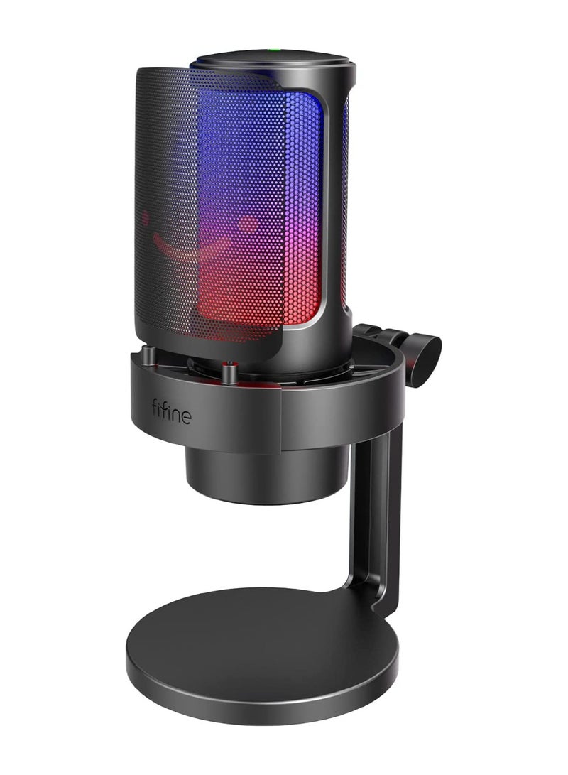 Gaming Microphone, USB PC Mic For Streaming, Podcasts, Recording, Condenser Computer Desktop Mic On Mac/PS4/PS5, With RGB Control, Mute Touch, Headphone Jack, Pop Filter, Stand- AmpliGame A8 Black