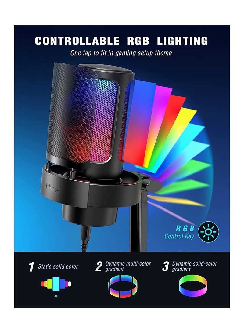 Gaming Microphone, USB PC Mic For Streaming, Podcasts, Recording, Condenser Computer Desktop Mic On Mac/PS4/PS5, With RGB Control, Mute Touch, Headphone Jack, Pop Filter, Stand- AmpliGame A8 Black