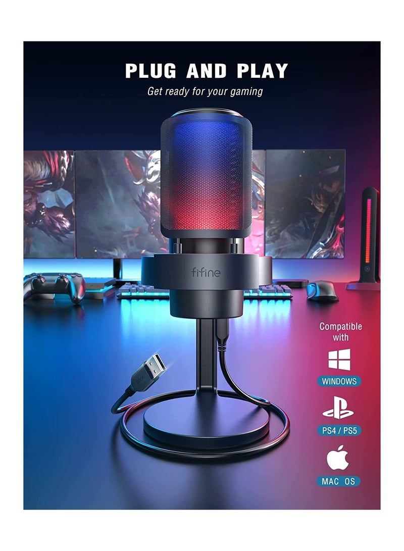 Gaming Microphone, USB PC Mic For Streaming, Podcasts, Recording, Condenser Computer Desktop Mic On Mac/PS4/PS5, With RGB Control, Mute Touch, Headphone Jack, Pop Filter, Stand- AmpliGame A8 Black